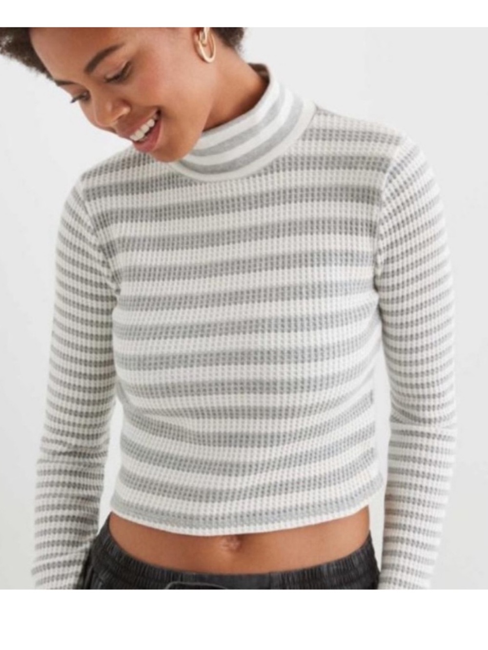 Aerie gray white striped blizzard waffle mockneck long sleeve cropped shirt